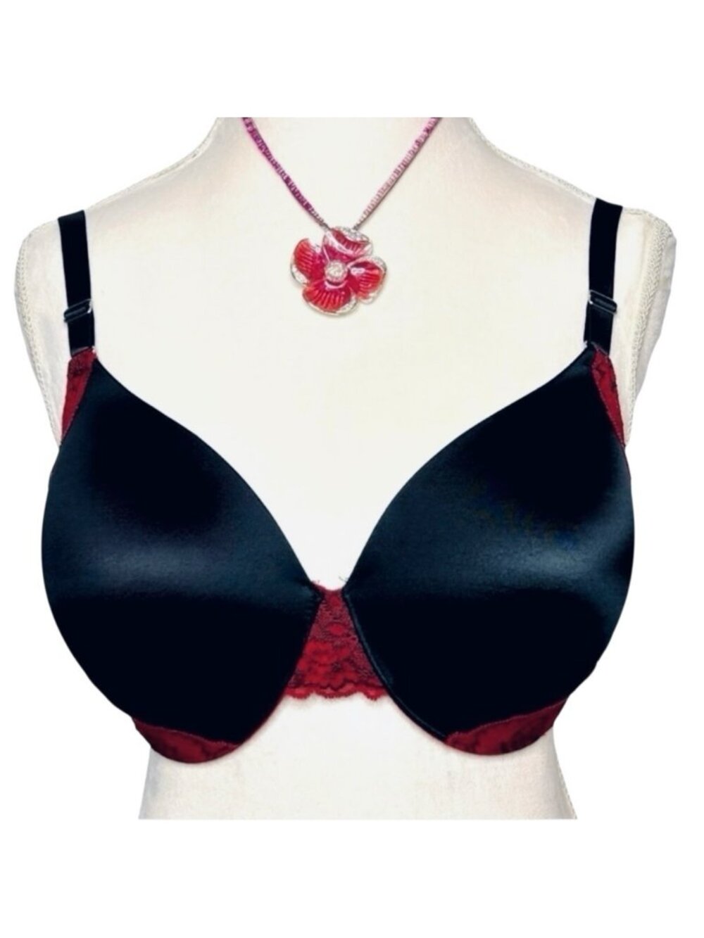 SOMA Bra Vanishing back Full coverage Underwire Floral lace Black Red 38DD/38E